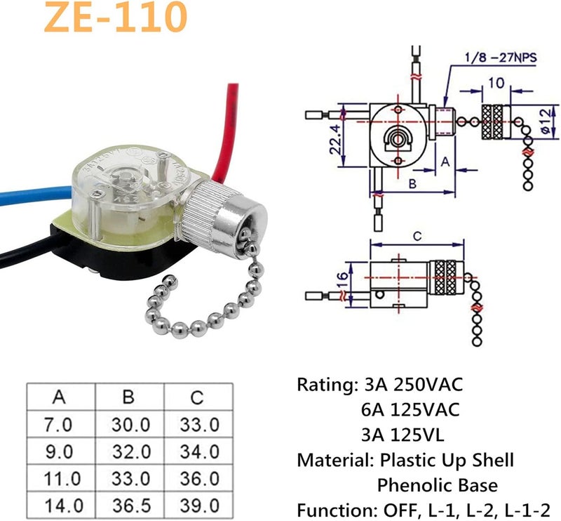 DAYONE Ceiling Fan Pull Switch Zing Ear ZE-110 3 Wire 3 Way 2 Circuit 4 Position Fan Speed Pull Chain Light Switch Replacement with Pulling String, Black Nickel - Image 2